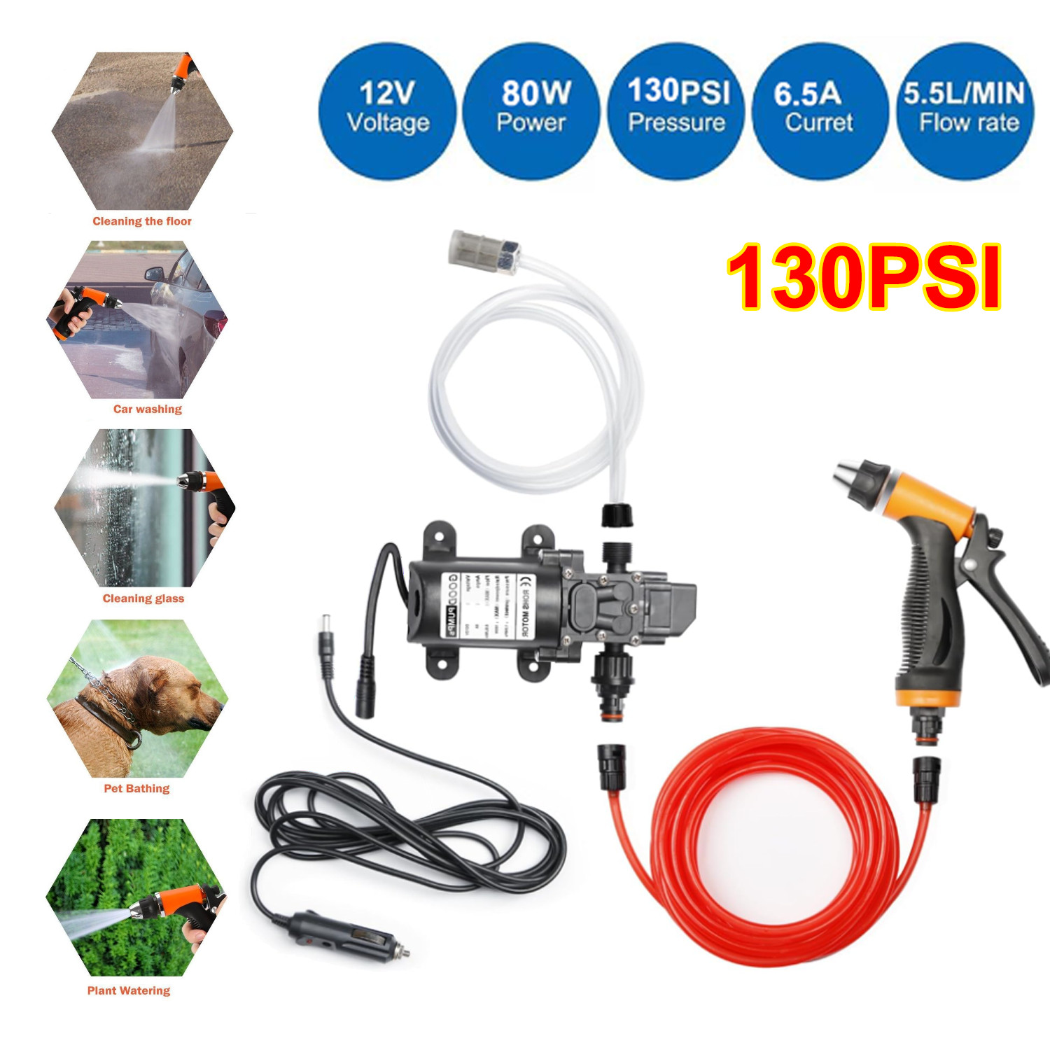 12V Pressure Washer For Car Portable Power Washer 130PSI Self-Priming Wash Pump