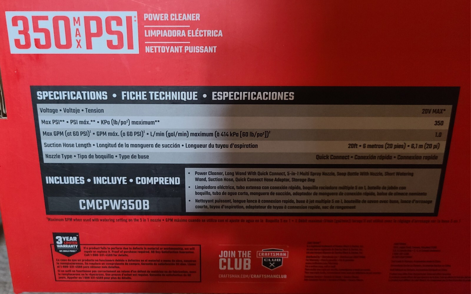 Craftsman V20 Battery Powered Pressure Washer – 350 PSI- SEALED *ALSO TASK LIGHT