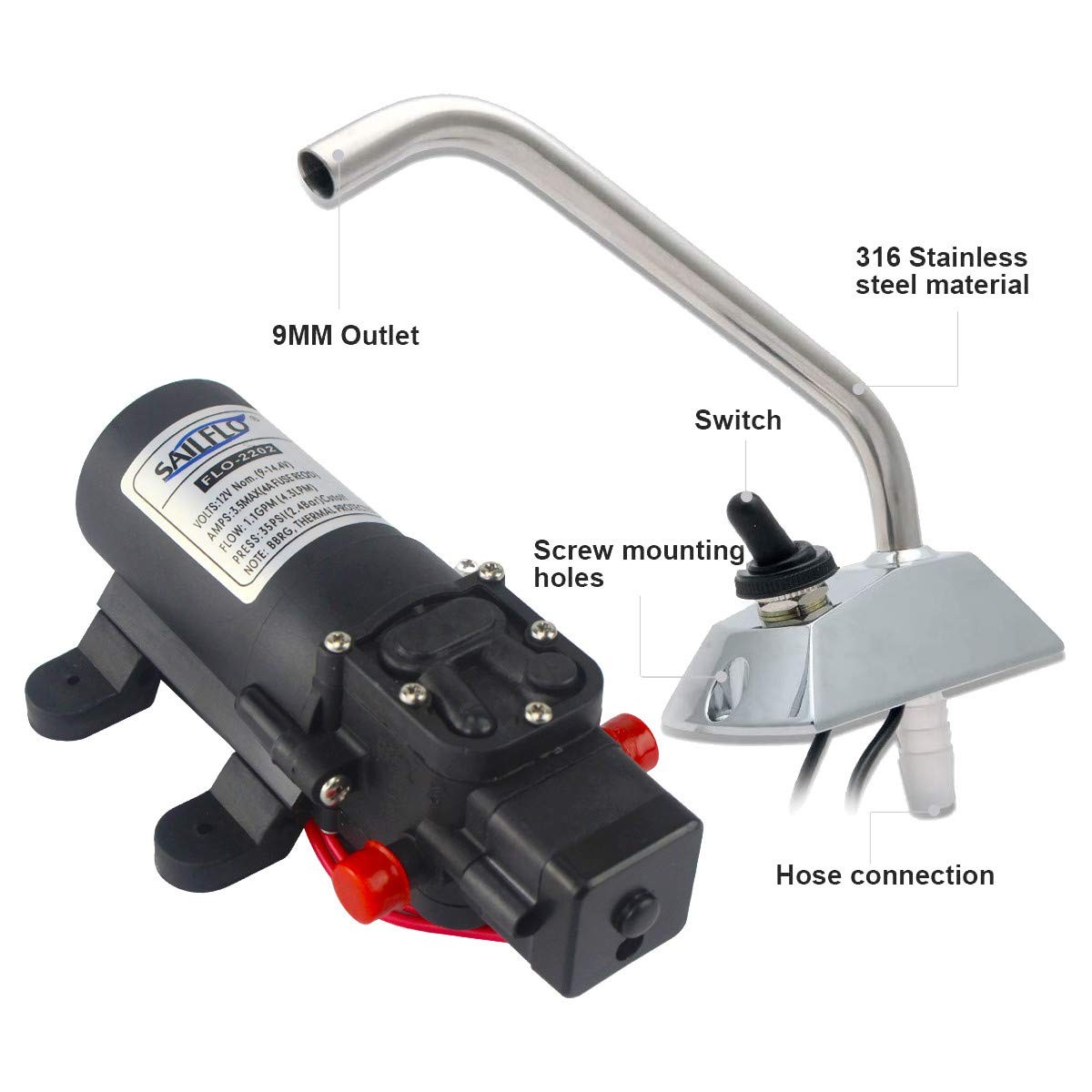 12v Water Pressure Diaphragm Pump 4.3 L/min 1.1 GPM 35 PSI with 360°Spin Fauc…