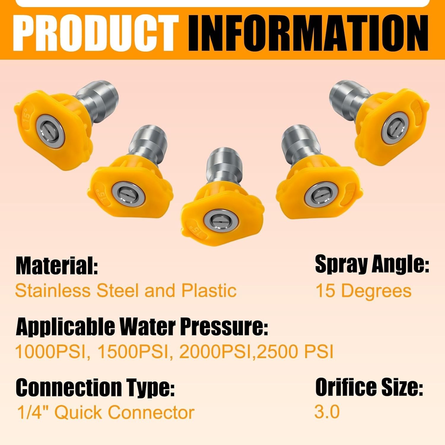 Pressure Washer Nozzle Tip 1/4″ 15 Degree Yellow Stainless Steel Pack of 5