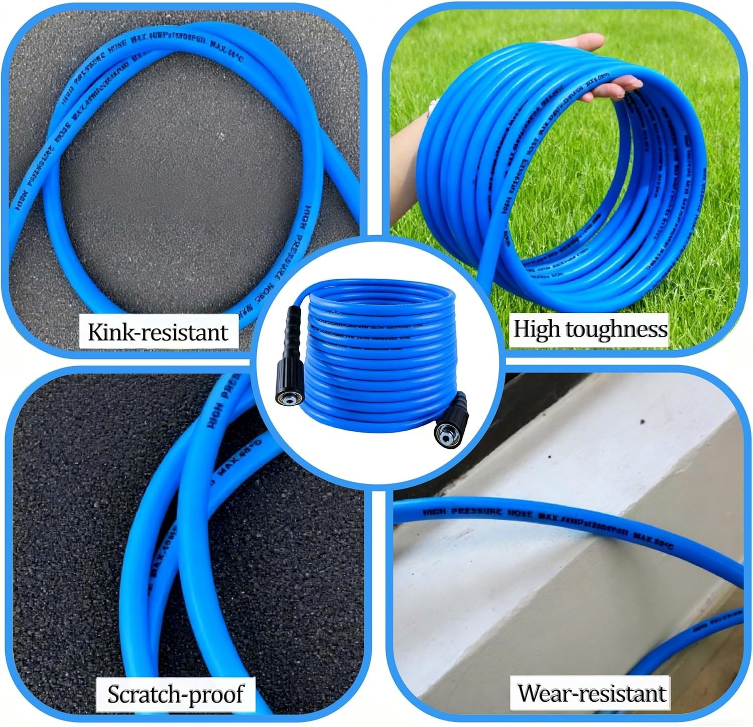 50FT Blue Pressure Washer Hose – 5800 PSI Kink-Resistant with Quick Connector