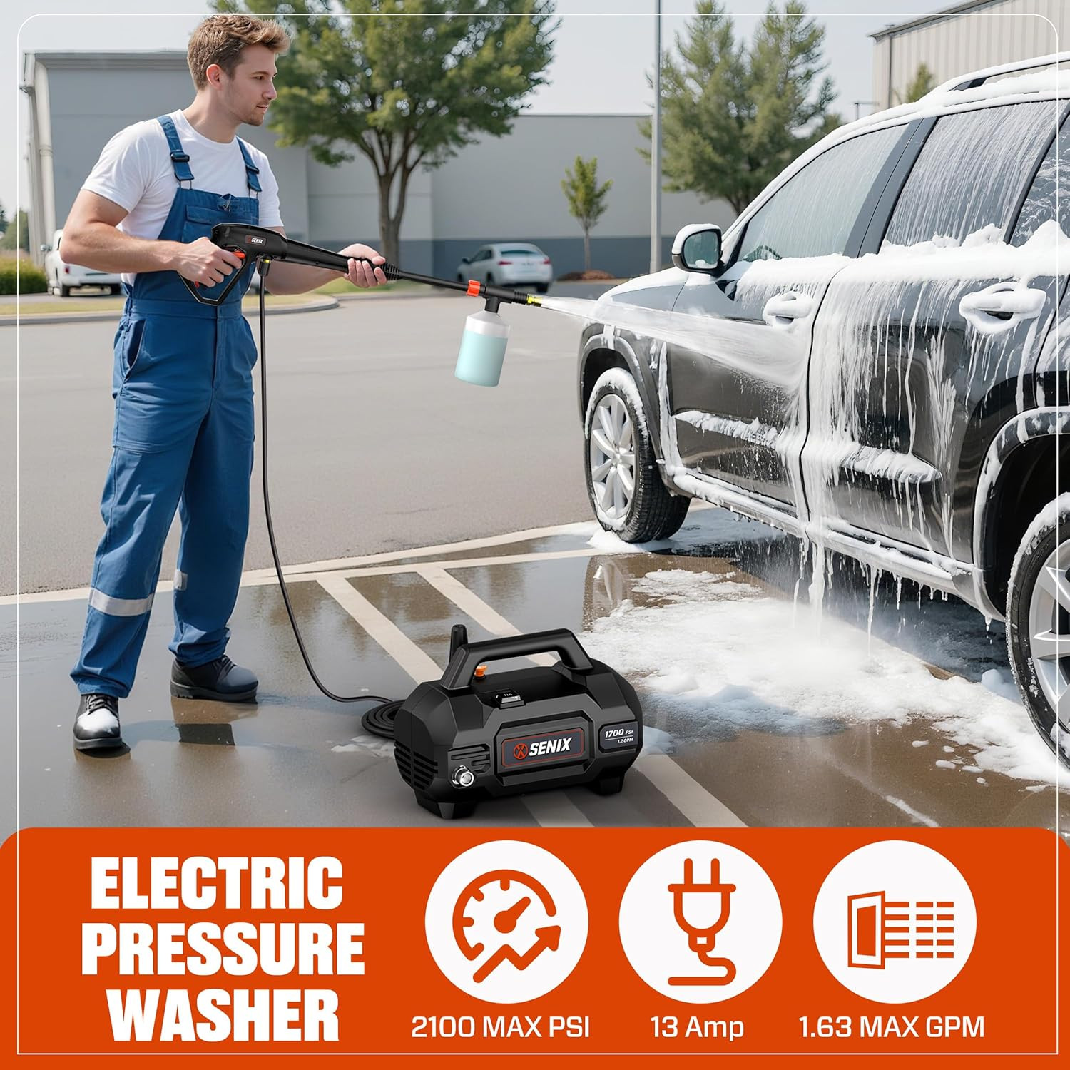 SENIX 13 Amp Electric Pressure Washer – 1700 PSI, 1.2 GPM, Compact with Foam Can