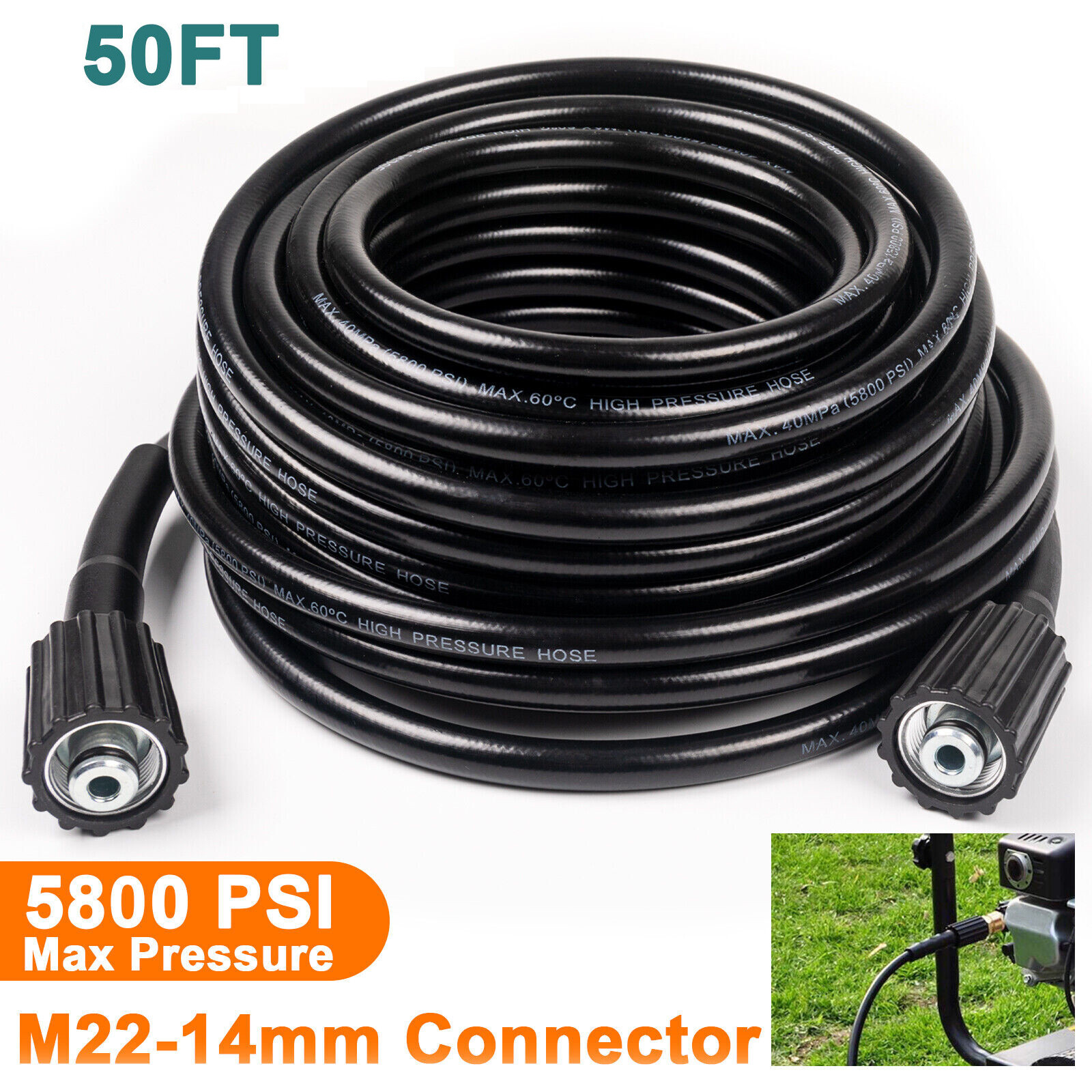 15m/50ft High Pressure Washer Hose 5800PSI M22-14mm Power Washer Extension Hose