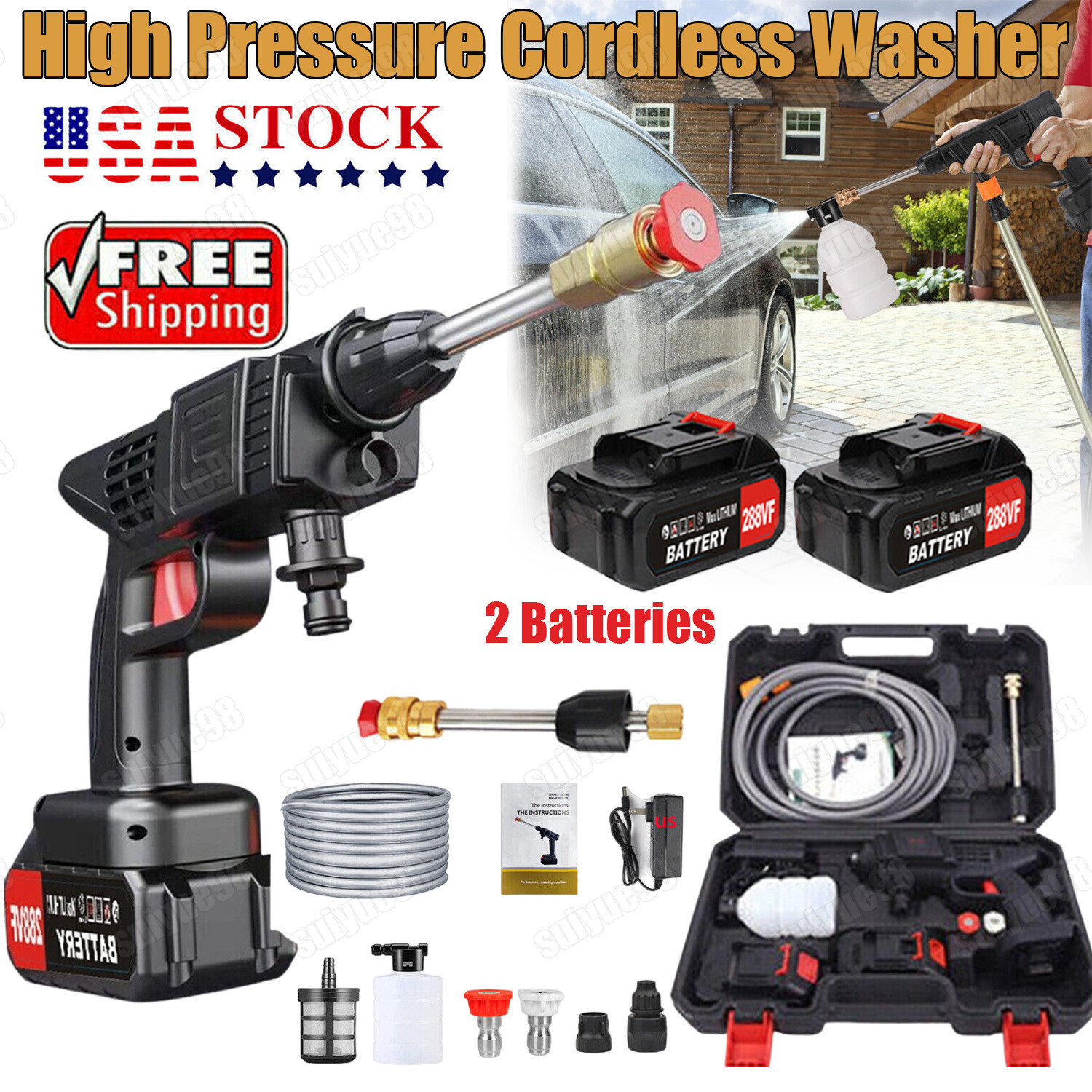 460W Electric Cordless High Pressure Water Spray Cars Gun Washer Cleaner Yard