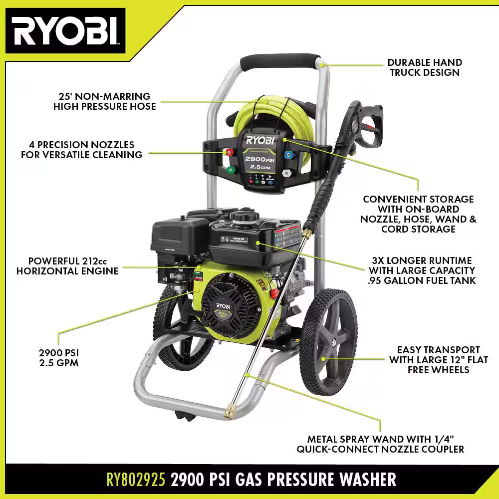 2900 PSI 2.5 GPM Cold Water Gas Pressure Washer with 212Cc Engine