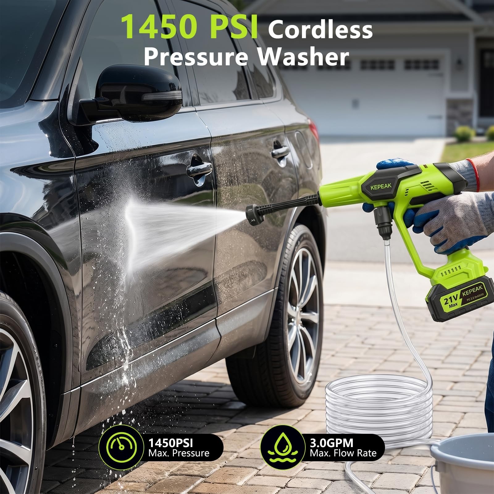 Cordless Pressure Washer, 1450 PSI Battery Operated Washer with 6-in-1 Nozzle
