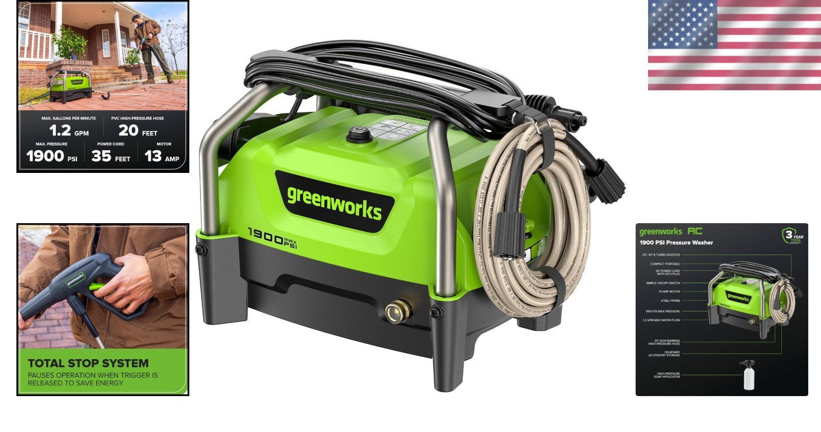Compact 1900 PSI Portable Electric Washer – 1.2 GPM, 20ft Hose, 3 Nozzles