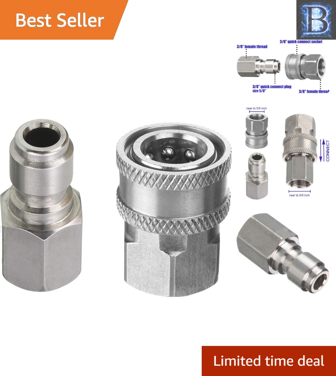 5000 PSI Quick Connect Adapter Set – 3/8 Inch Female Fitting in Stainless Steel