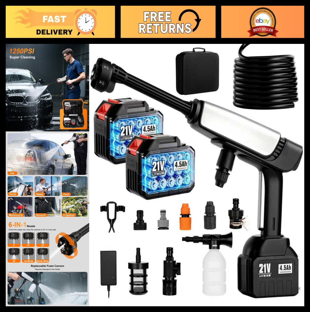 Portable Cordless Pressure Washer – Battery Powered, 2x 4.5Ah Batteries, 6-in-1