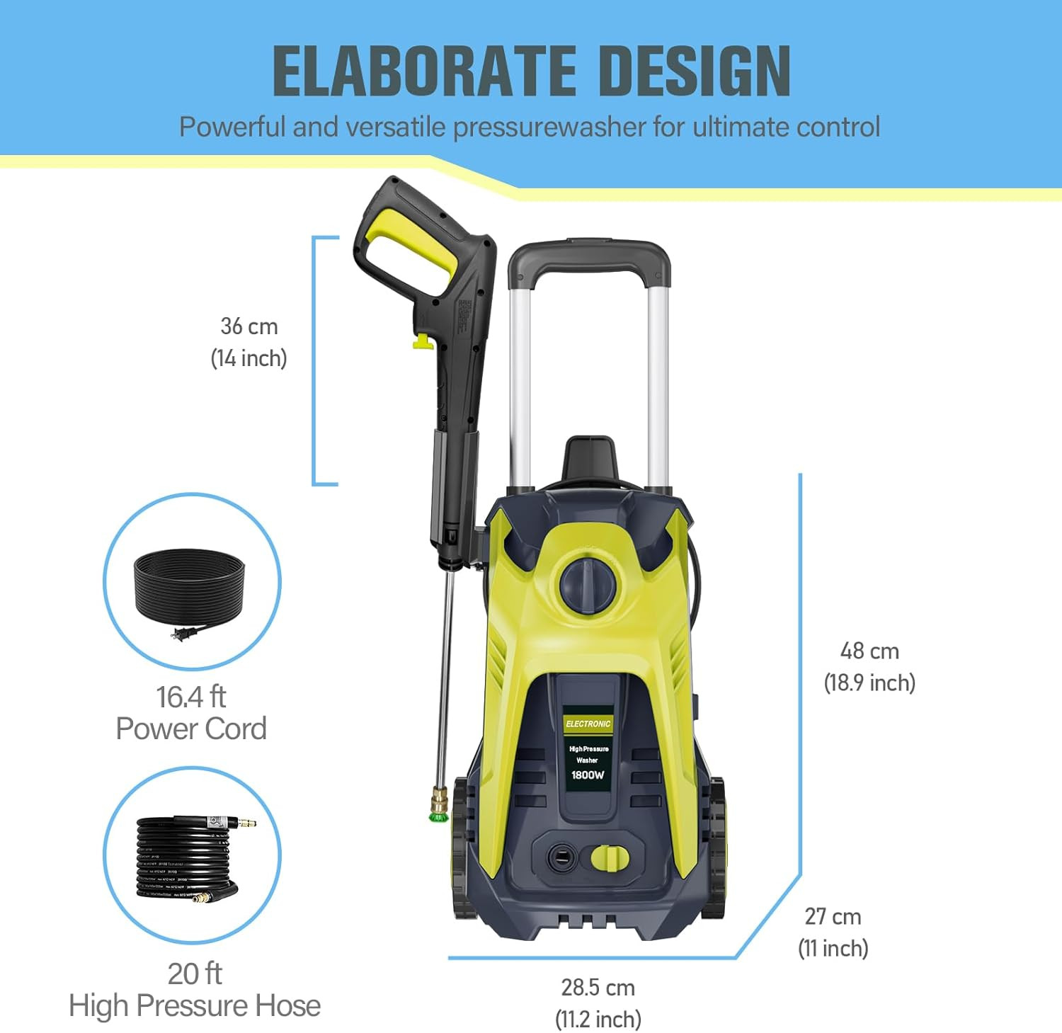 Electric Pressure Washer 1370 PSI 2.6 GPM with 25 FT Hose and 16.4 FT Power Cord