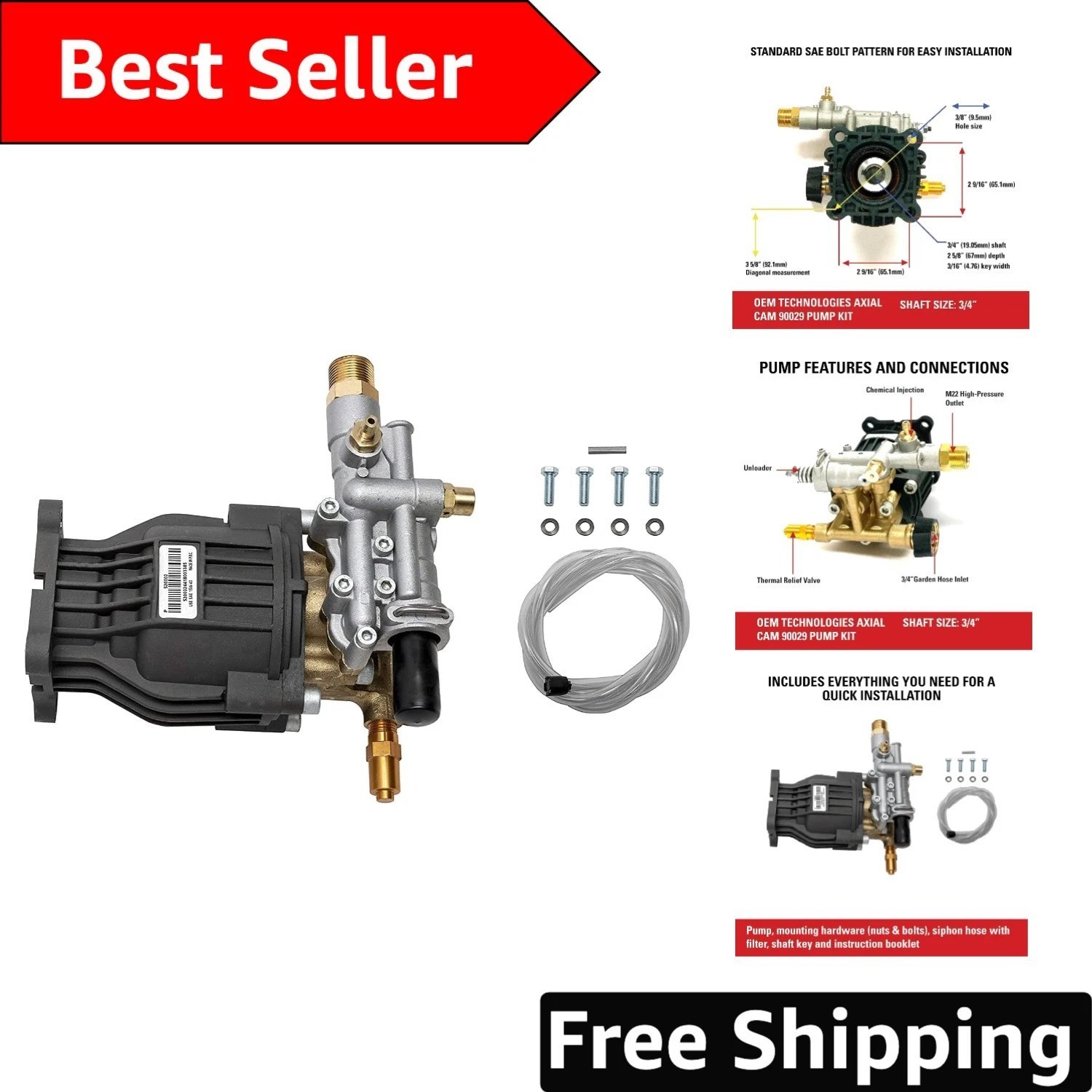 High-Efficiency OEM Technologies Pressure Washer Pump – 2.5 GPM, Horizontal Fit