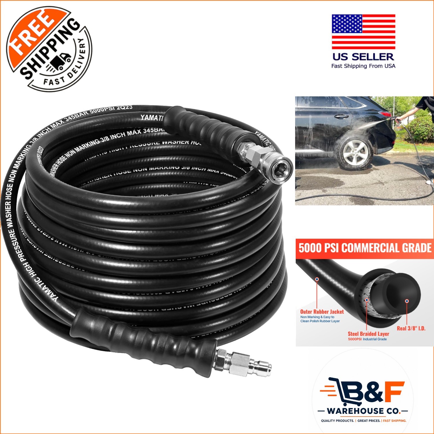 Heavy-Duty 50FT Pressure Washer Hose – 5000 PSI, Rubber & Steel Construction