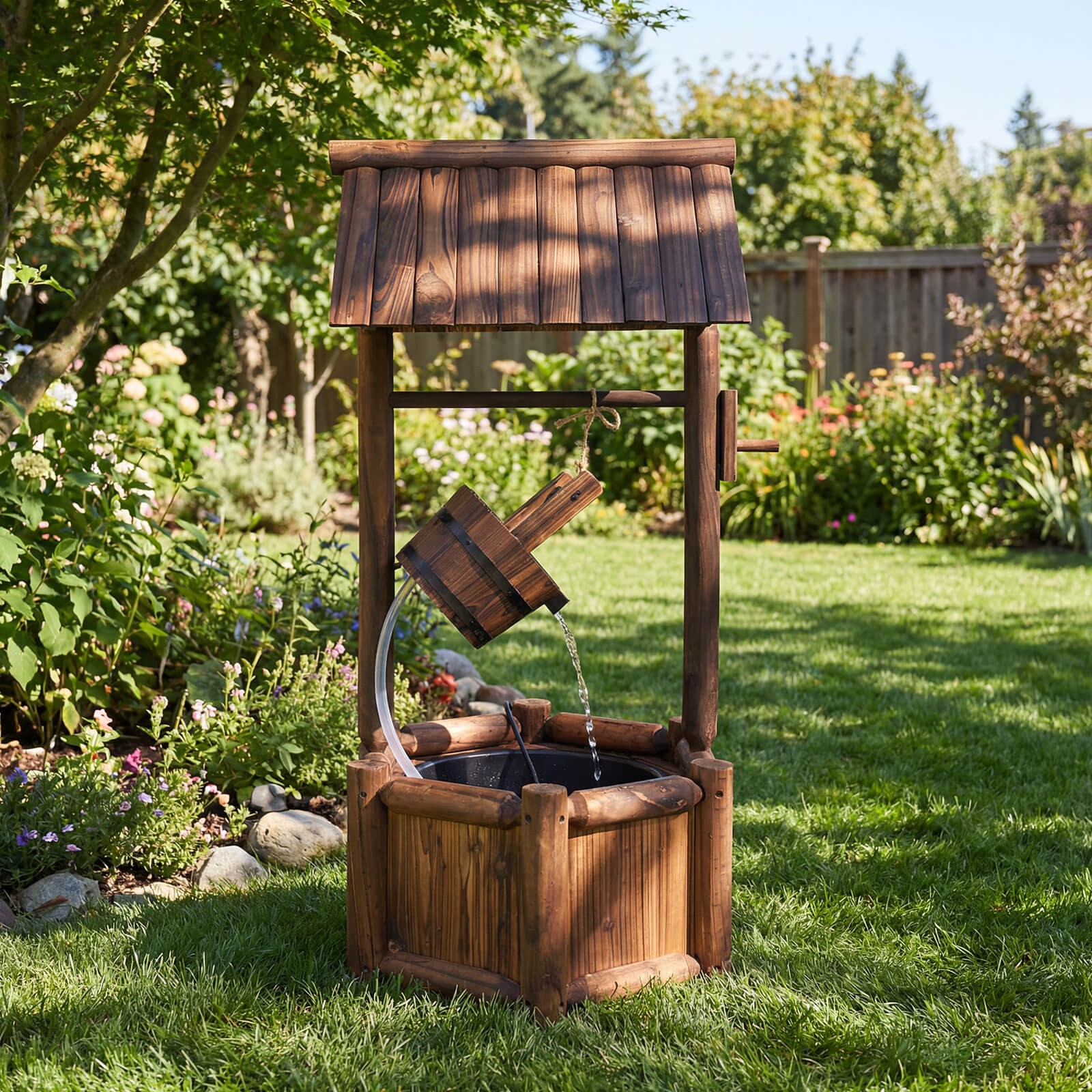 Garden Rustic Wishing Well Water Fountain Wooden Electric Backyard Pump Outdoor