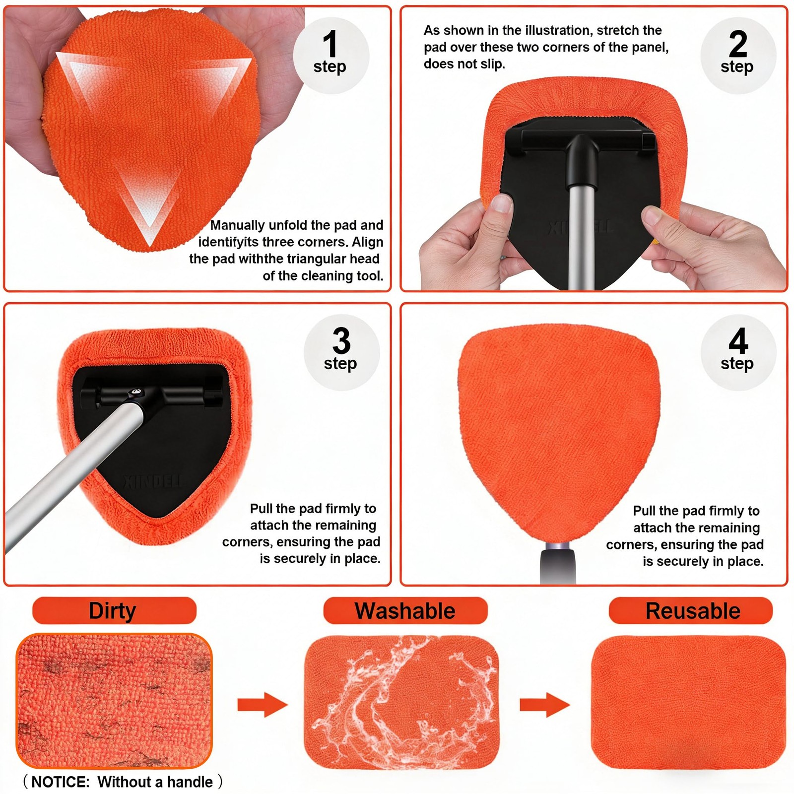XINDELL 5 Pack Windshield Cleaner Microfiber Pads – Triangle, Crimson Orange