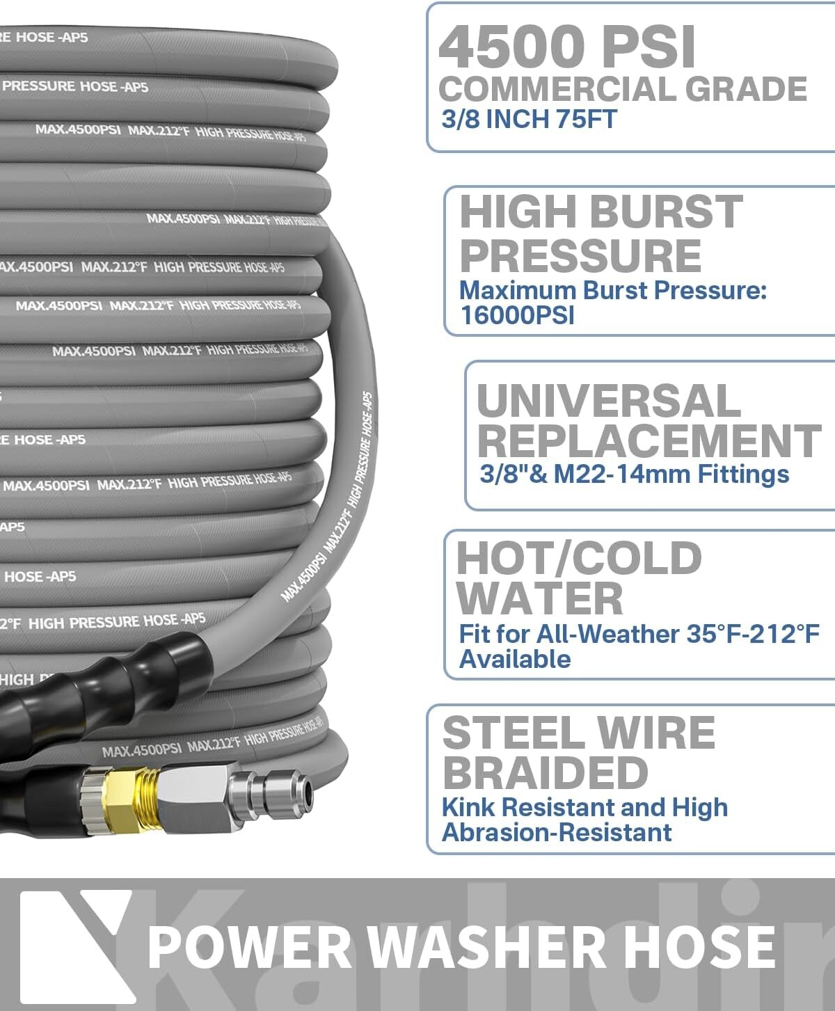 75FT 3/8″ Pressure Washer Hose 4500PSI 2-Braid Hot Water Hose Swivel QC Adapter
