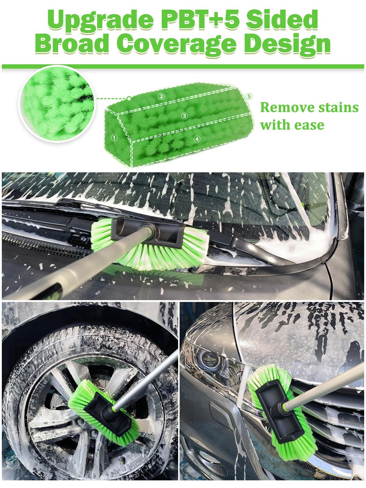 Jisejima Five-Sided Car Wash Brush with Long Handle，Soft Bristle Scrub Green