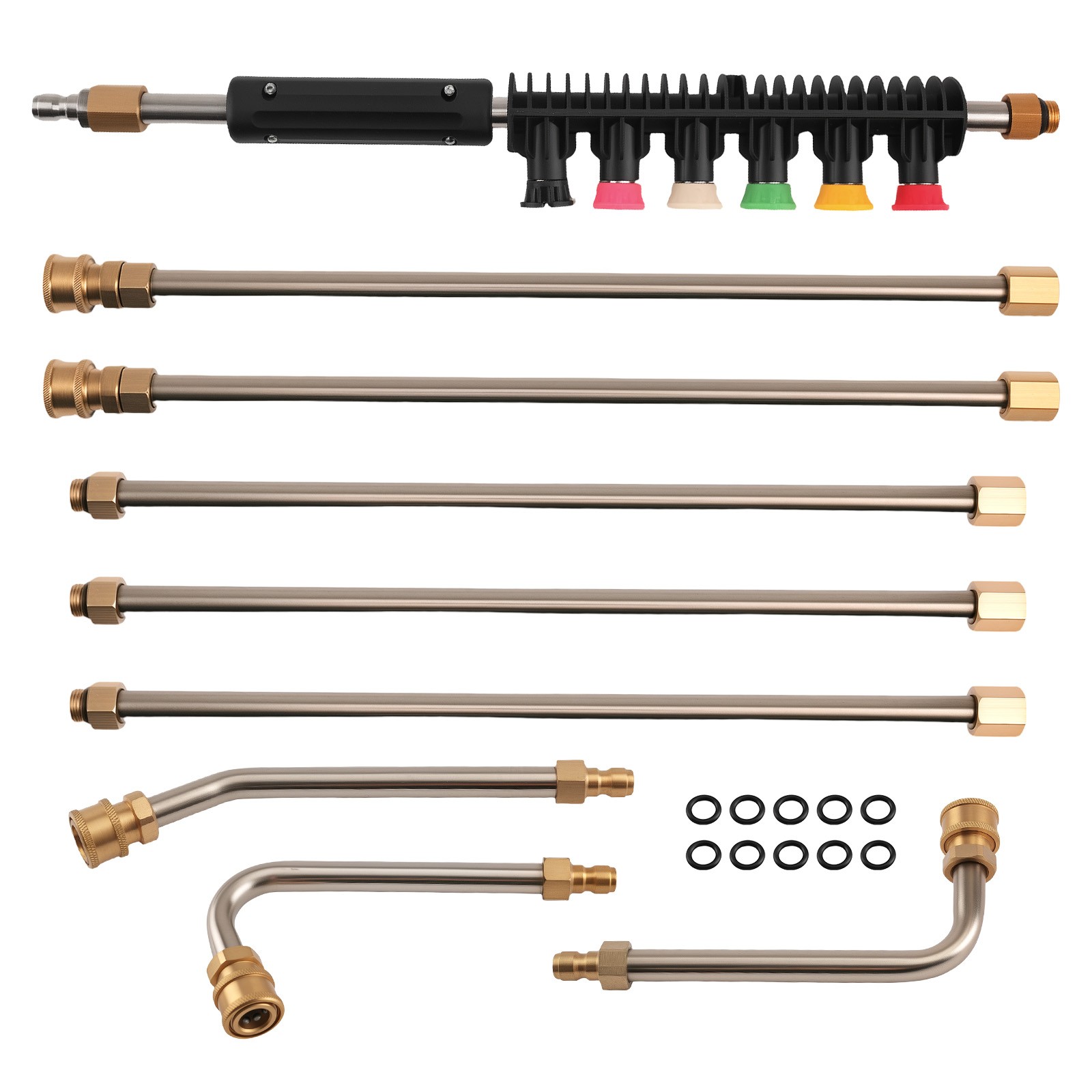 97inch Pressure Washer Wand Kit 4000PSI 6 Nozzles 3 Curved Rods Brass Steel