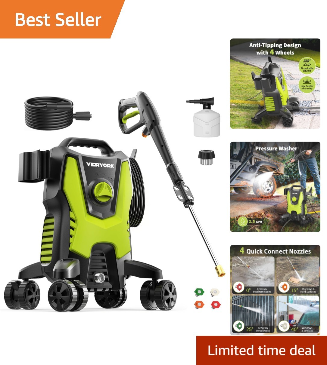 3500 PSI Power Washer with 4 Lockable Wheels & Foam Cannon – Effortless Cleaning