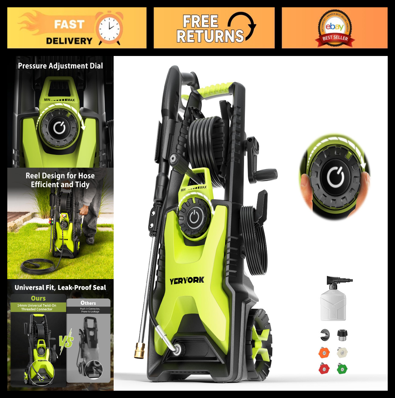 Adjustable 5000 PSI Pressure Washer, 2.5 GPM, 33FT Hose Reel, Foam Cannon & Nozz