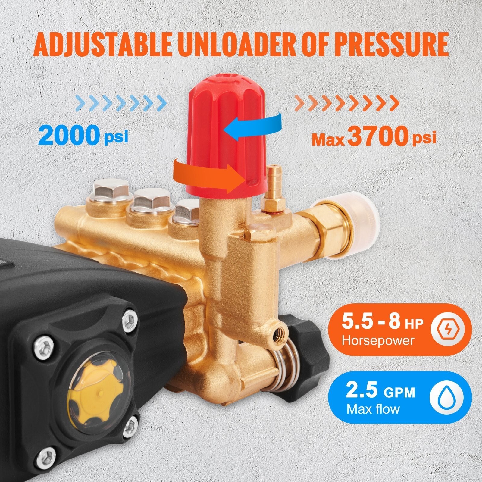 Pressure Washer Pump, 3/4″ Shaft Horizontal Triplex Plunger, 3700 PSI, 2.5 GPM