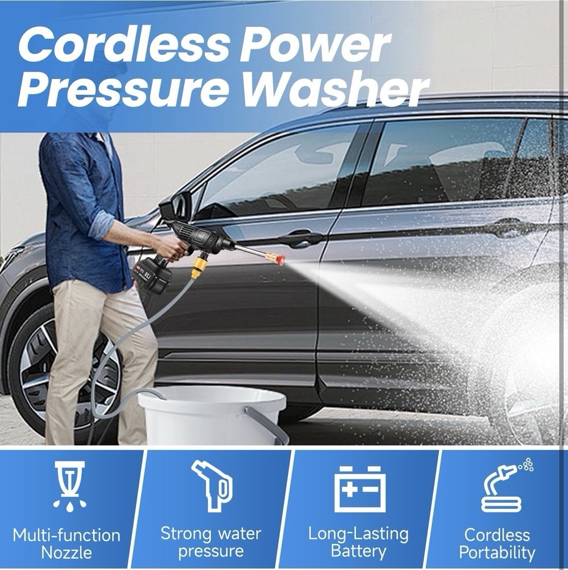 Cordless Pressure Washer 21V Battery Power Washer Portable 6in1 Nozzle Soap