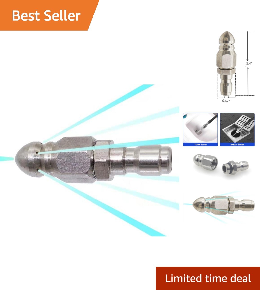 Mini Compact Stainless Steel Sewer Jetter Nozzle, 1/4” Quick Connect, 5000 PSI