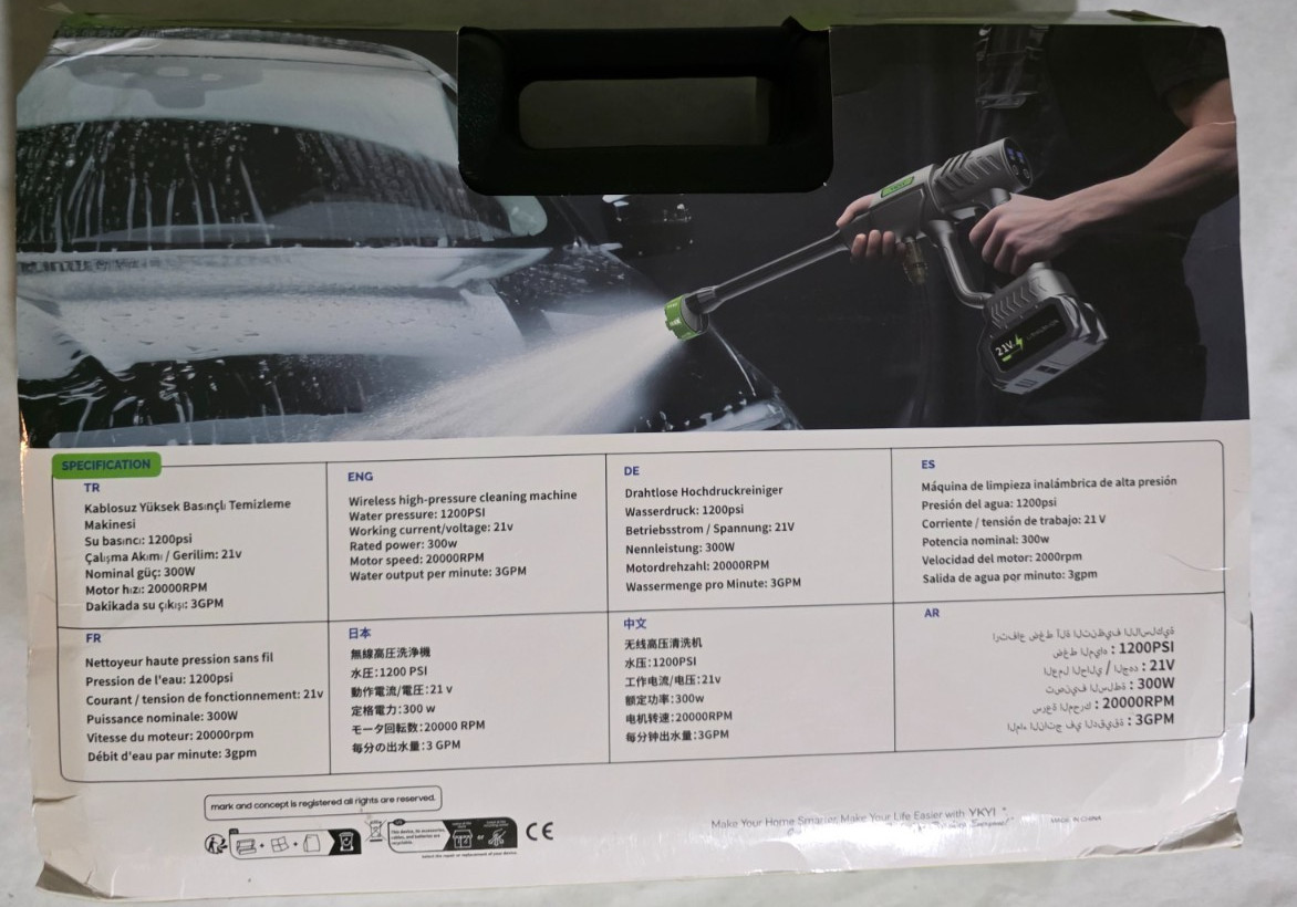 YKYI Cordless 21v Battery Pressure Washer 1200 PSI 3.0 CPM
