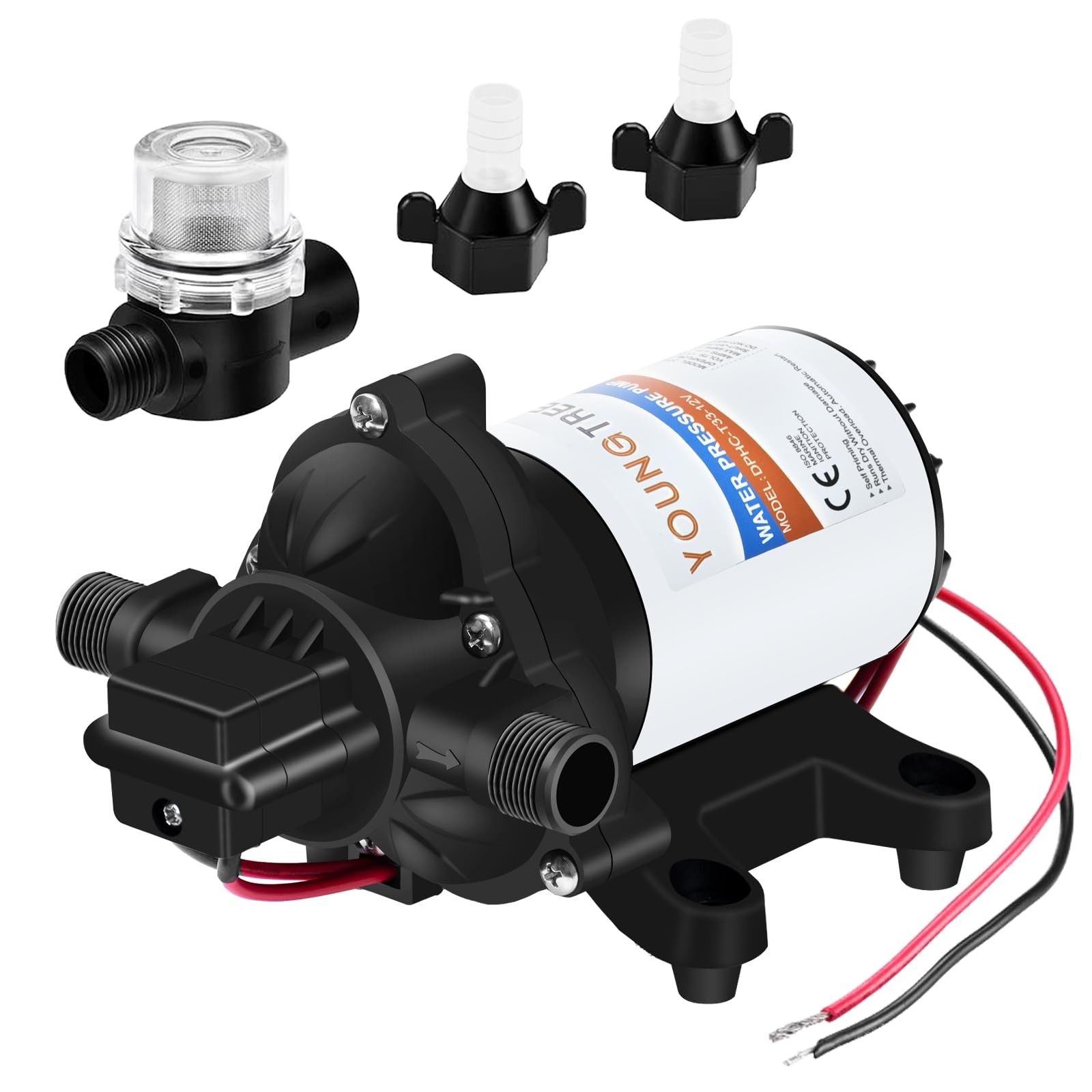 YOUNGTREE 12V DC RV Water Diaphragm Pump 3.5 GPM 45PSI, 12Volt Self-Priming F…