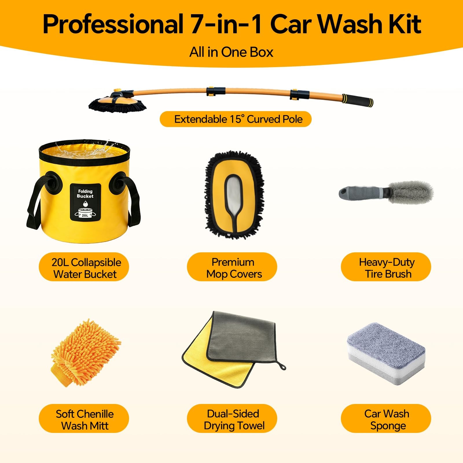 AutoShark 7-in-1 Car Wash Kit with 20L Folding Bucket & Brush – Car Wash Mop …