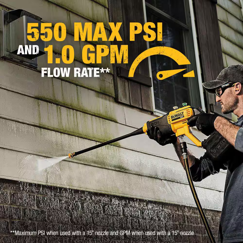20V MAX 550 PSI 1.0 GPM Cold Water Cordless Battery Power Cleaner with 4-Nozzles