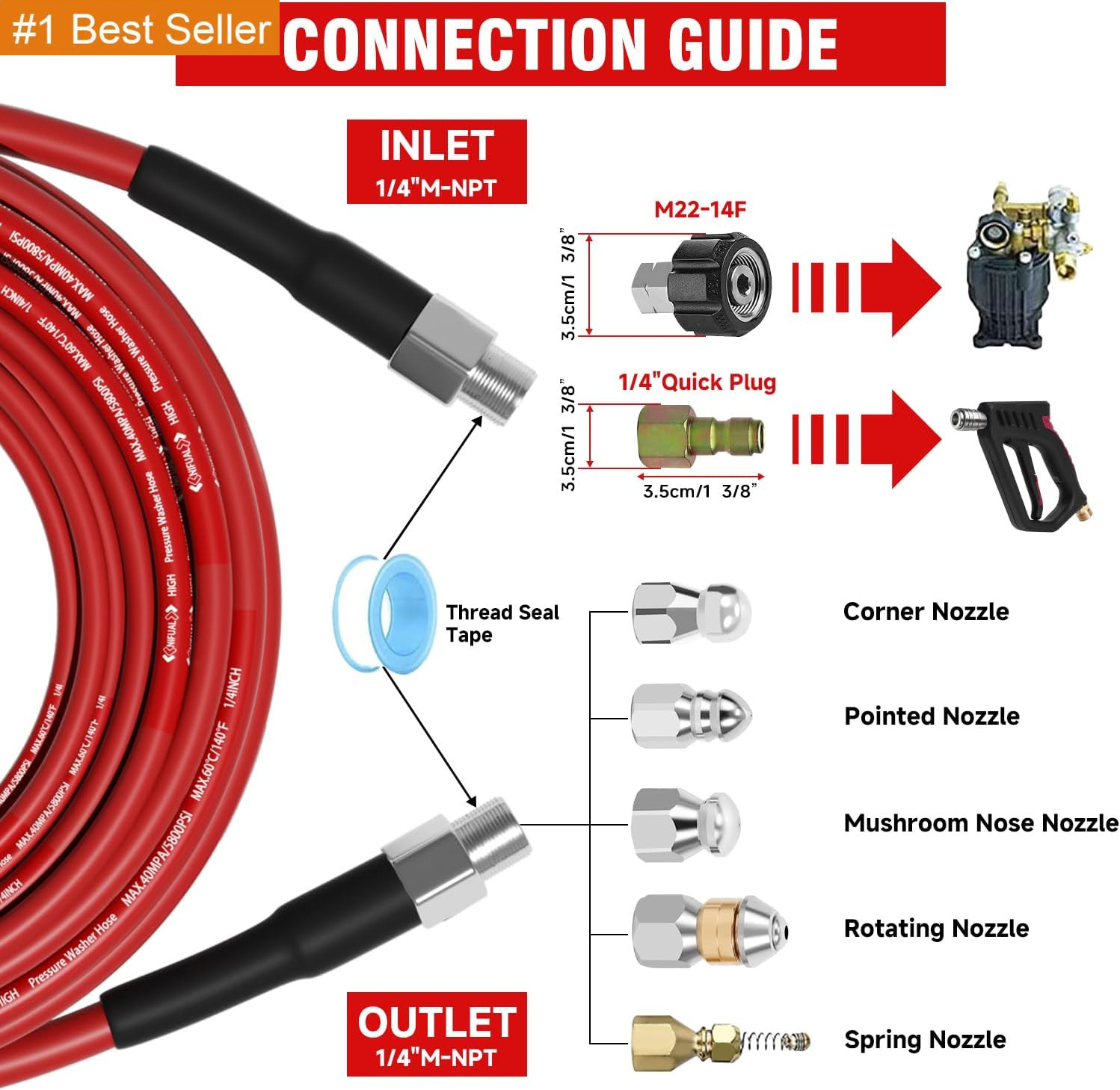 NIFUAL Sewer Jetter Kit for Pressure Washer,50Ft 5800PSI Pressure Drain Cleaner