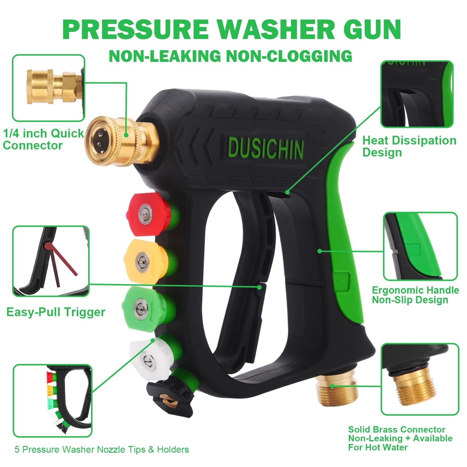 Foam Cannon Pressure Washer Gun Kit – Dual Connector, 5 Nozzle Tips, 1/4″ Quick