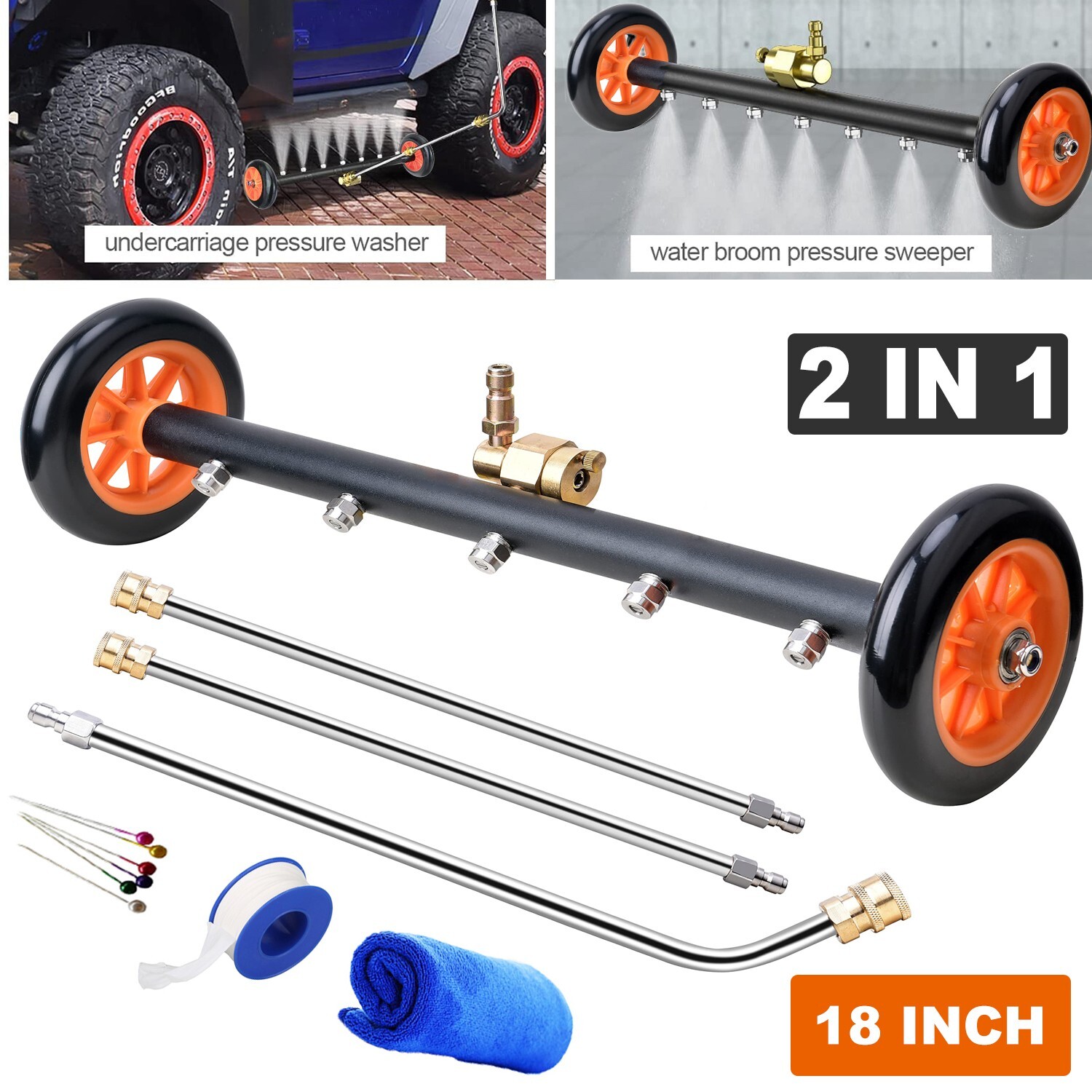 18″ Pressure Washer Surface Cleaner Water Broom Undercarrige Car Clean Brush 2-1