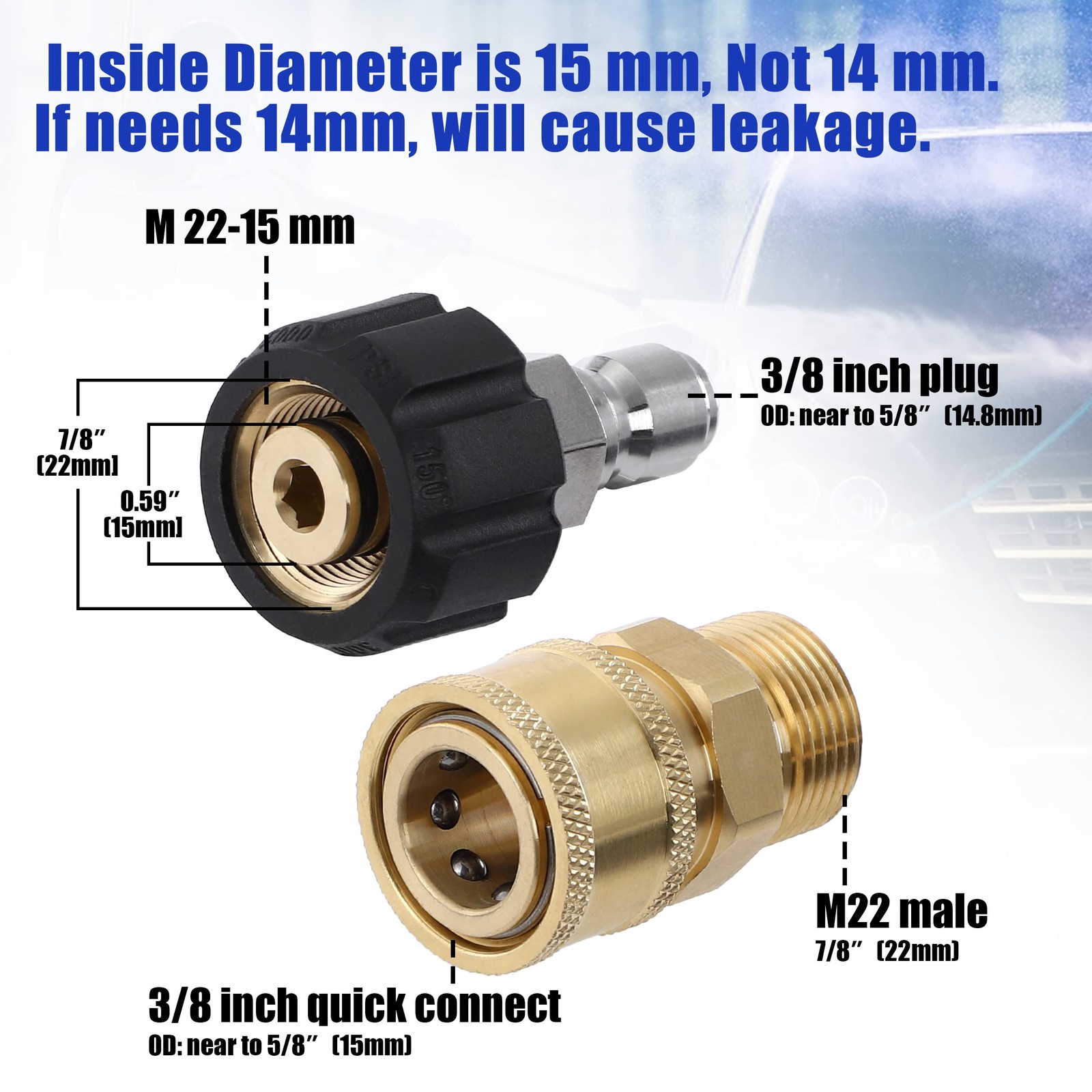 4 PCS Pressure Washer Adapter Set M22 15mm Female to M22 Male Kit 5000 PSI