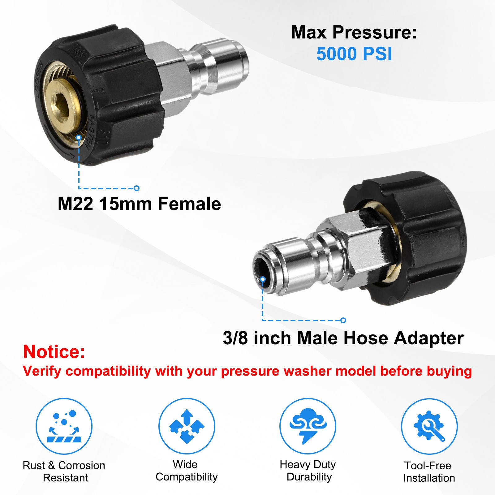 1-Pack M22 15mm Female to 3/8 Inch Male Pressure Washer Quick Connect Fittings