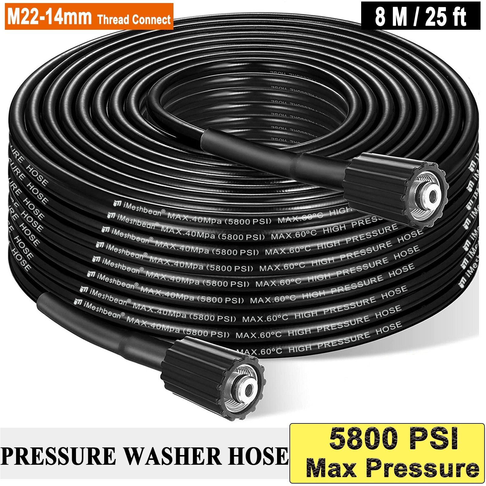 High Pressure Washer Hose 8m/25ft 5800PSI M22-14mm Power Washer Extension Tube