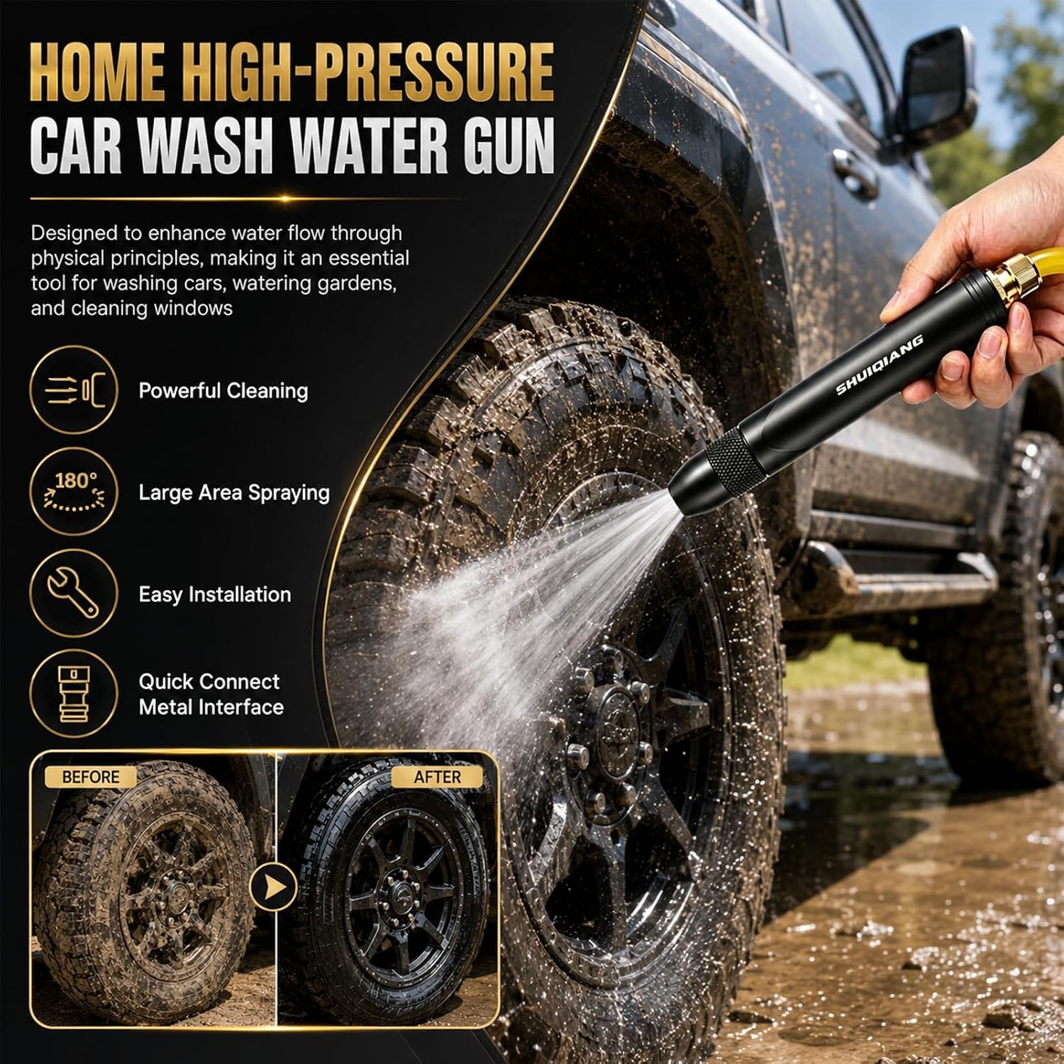 High Pressure Hose Nozzle – Metal, Adjustable Jet/Mist/Shower, 1/2″-3/4″ Fit