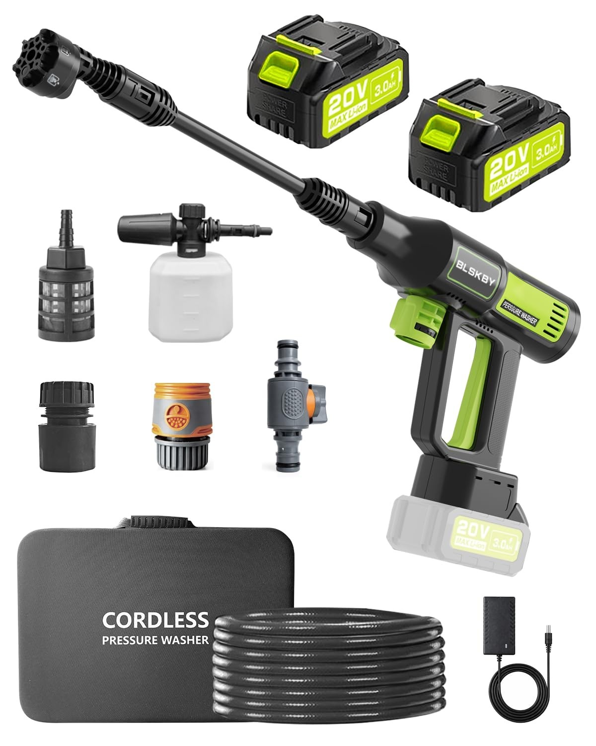 Cordless Portable Pressure Washer 1200PSI – 2 Batteries, 6-in-1 Nozzle, Foam Can