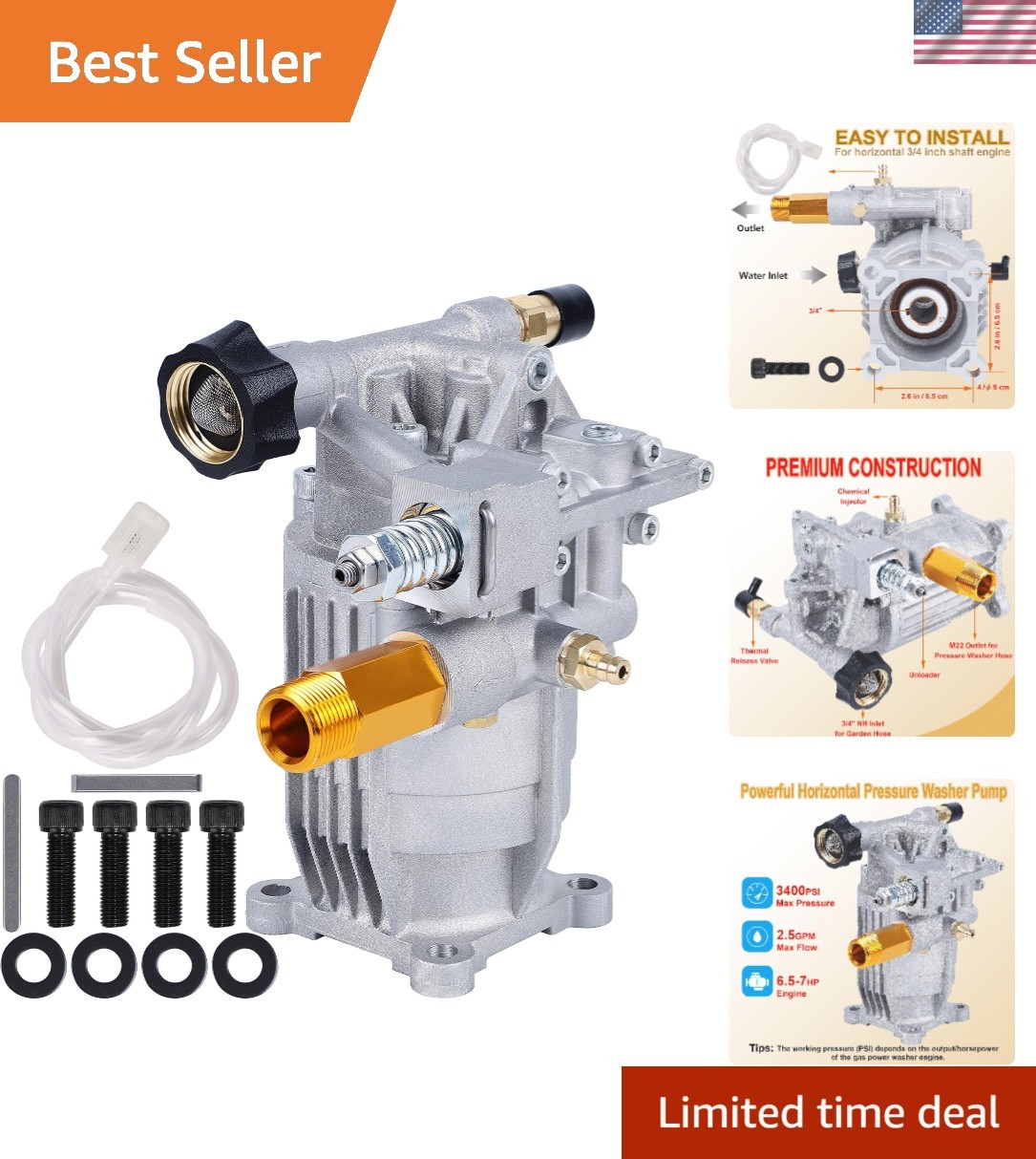 Replacement 3400 PSI Aluminum Pressure Washer Pump for Gas Washers, Easy Install