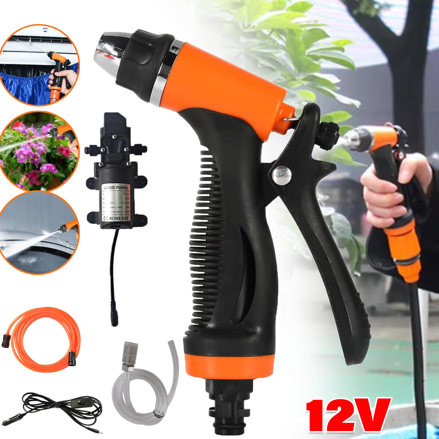 12V Spray Gun & Water Pump & Hose Kit For Wash Car Garden Watering 130PSI