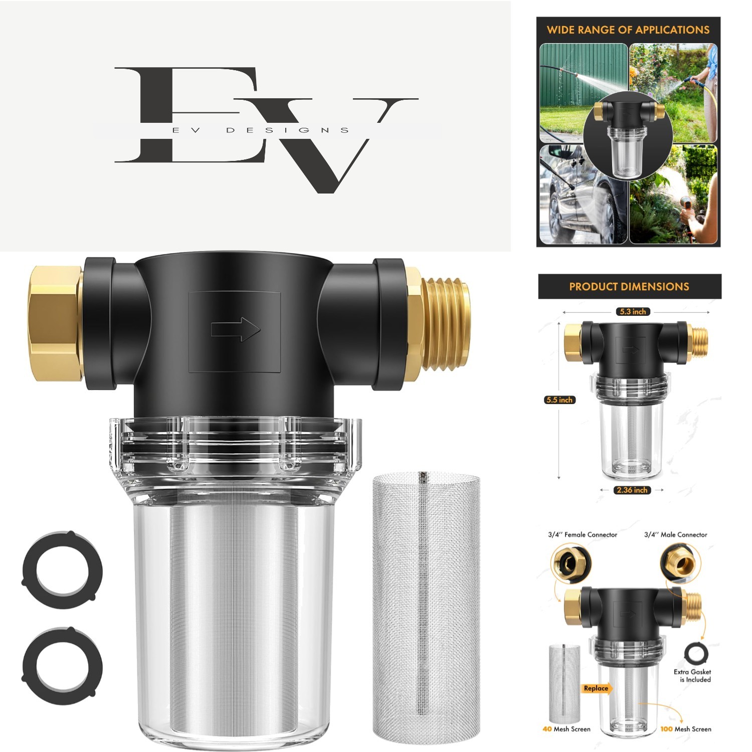 Garden Hose Filter – 100 Mesh & 40 Mesh with 2 Pcs O-Ring Included