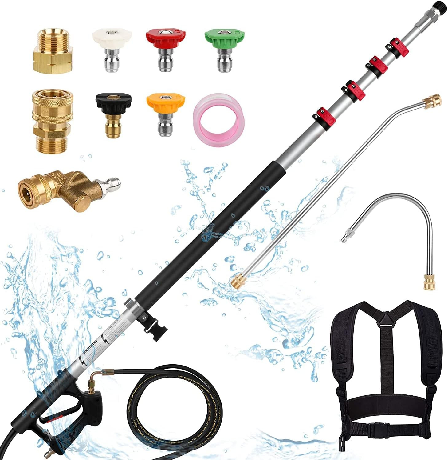 24 FT Pressure Washer, Telescopic Extension Pole Spray Gun, Includes 5 Section A