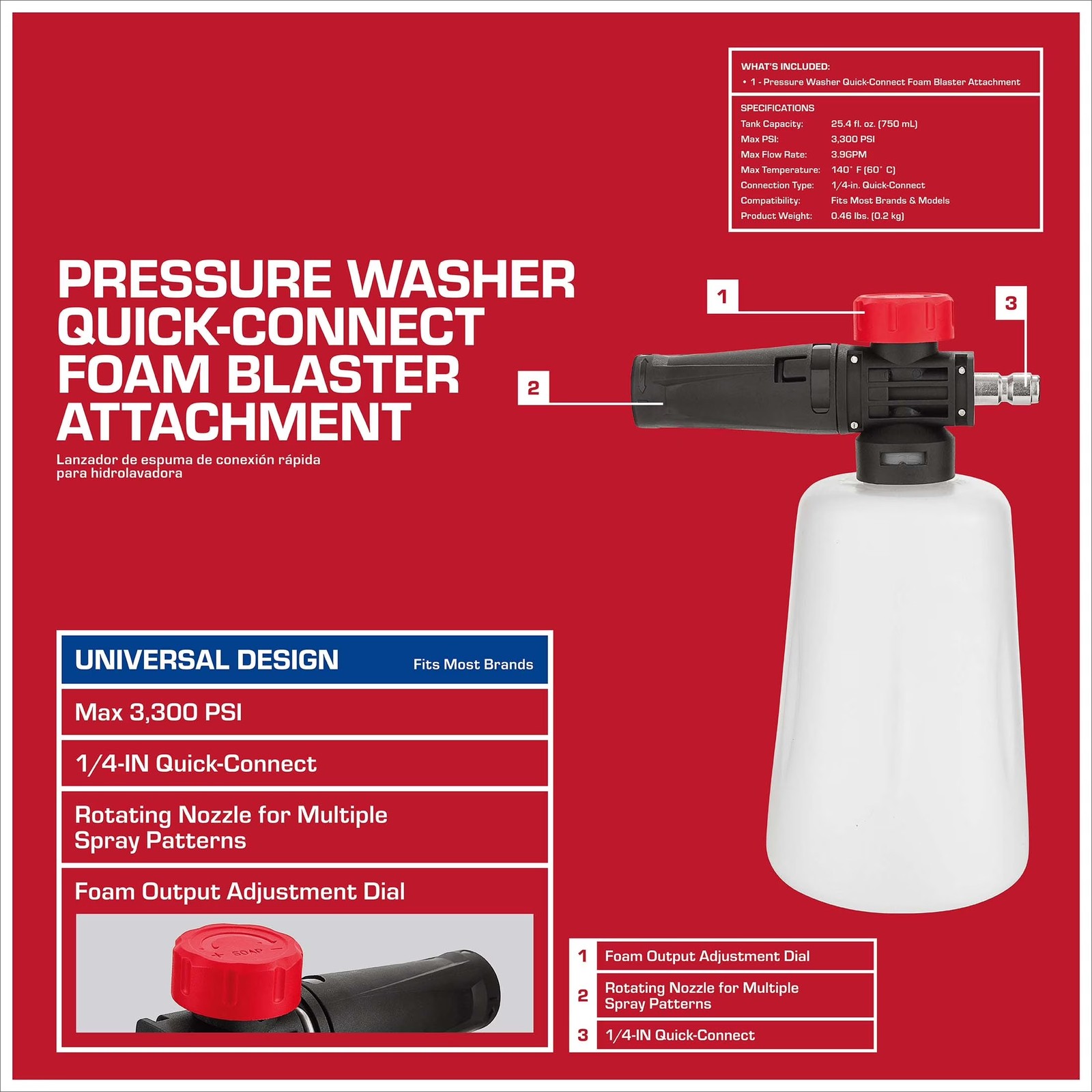 Foam Blaster for Gas and Electric Pressure Washers,25.4 fl oz, 1/4″Quick Connect