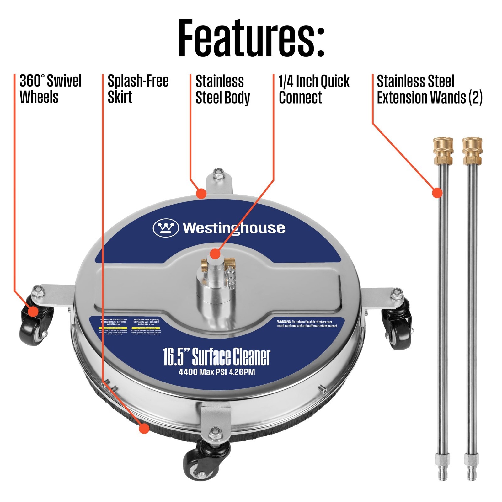 16.5” Pressure Washer Surface Cleaner – Stainless Steel, 4400 PSI, 1/4” Connecto