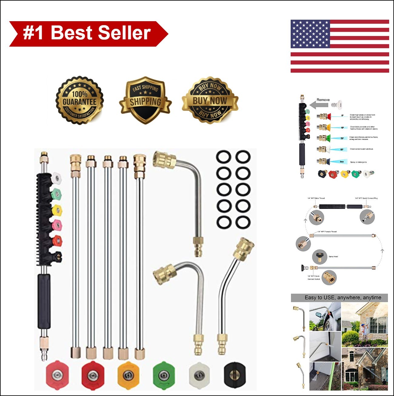 Pressure Washer Extension Wand 4000 PSI Stainless Steel 6 Straight Wands 5