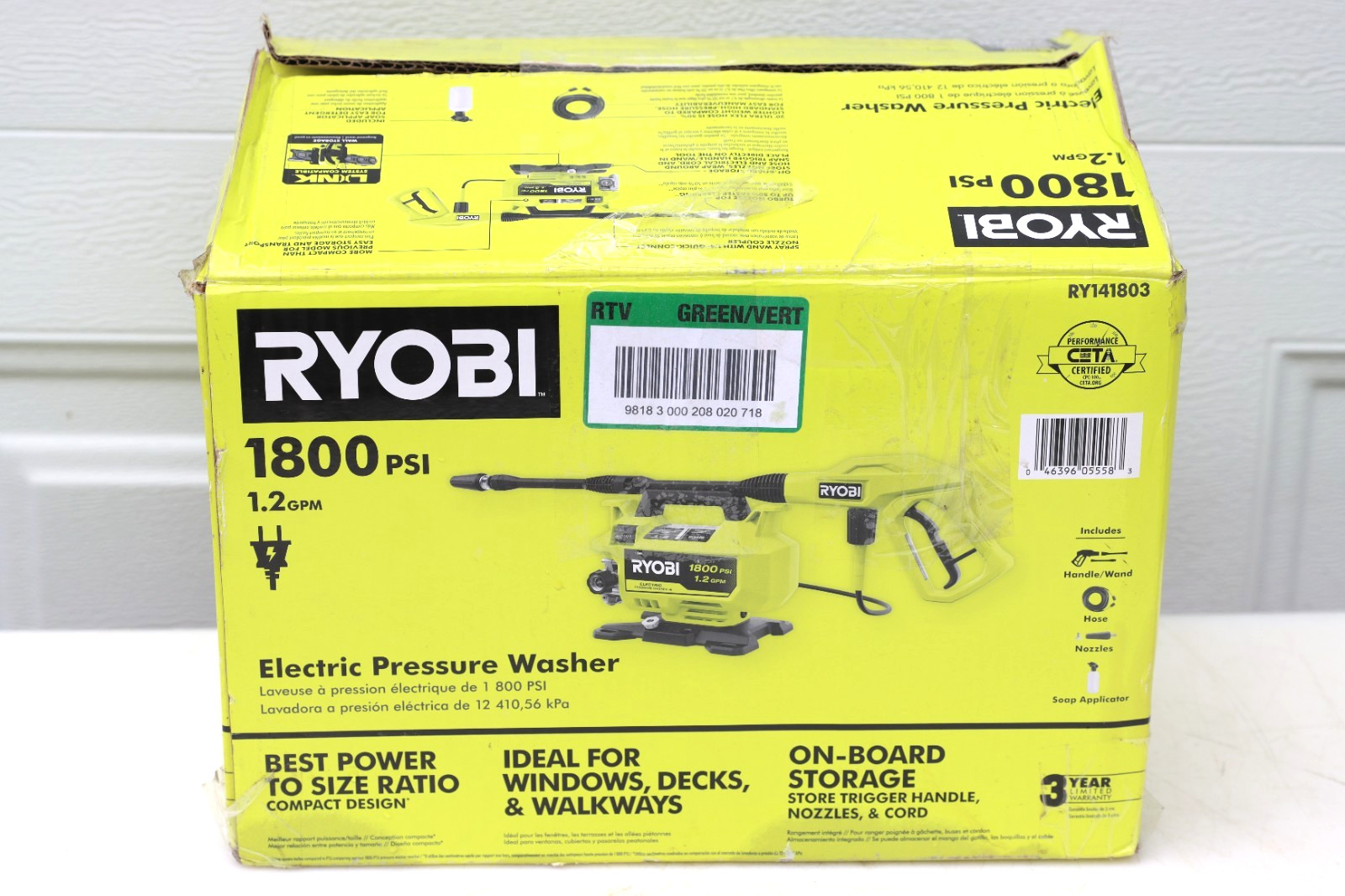 RYOBI 1800 PSI 1.2 GPM Cold Water Corded Electric Pressure Washer, Read Desc.