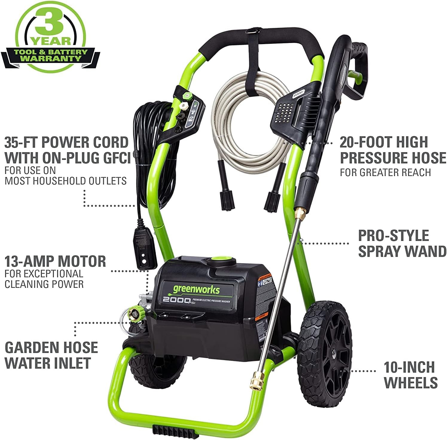 2000 PSI (13 Amp) Electric Pressure Washer (Wheels for Transport / 20 FT Hose /