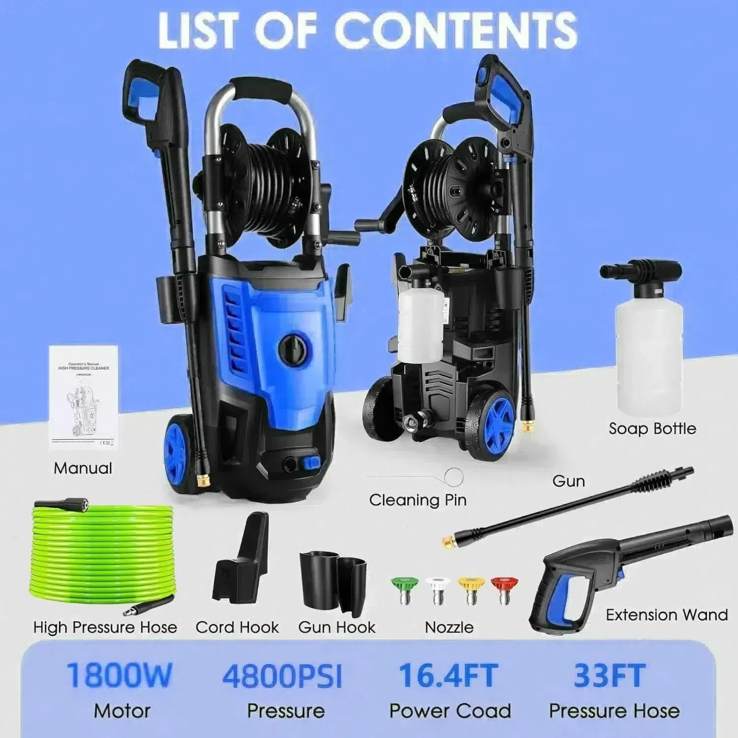 High Power 4800PSI Electric Pressure Washer – 3.8GPM, 33FT Hose Reel Included