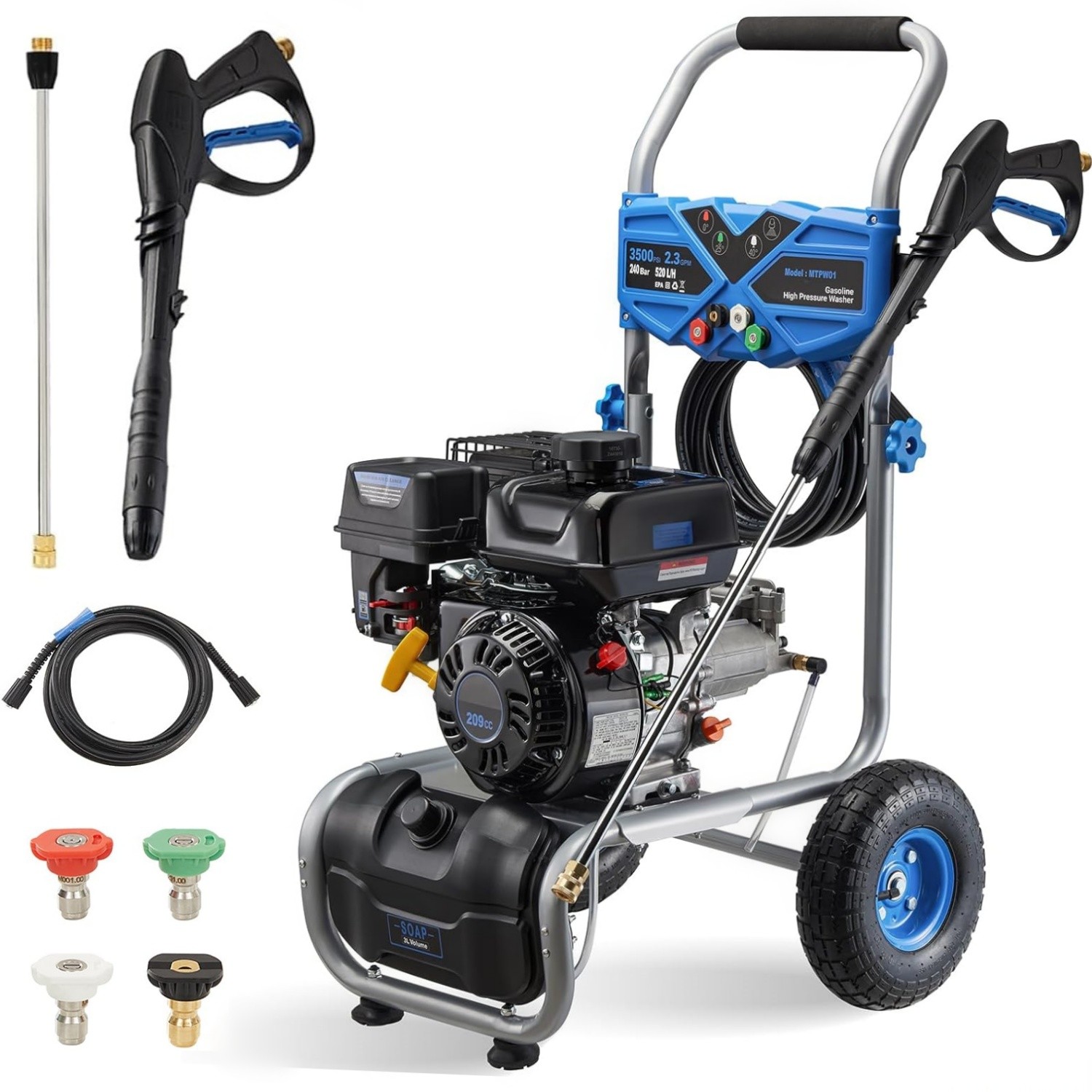 Cold Water Pressure Washer Gas Powered Washer 3500PSI 2.3GPM 209cc 4Nozzles Set