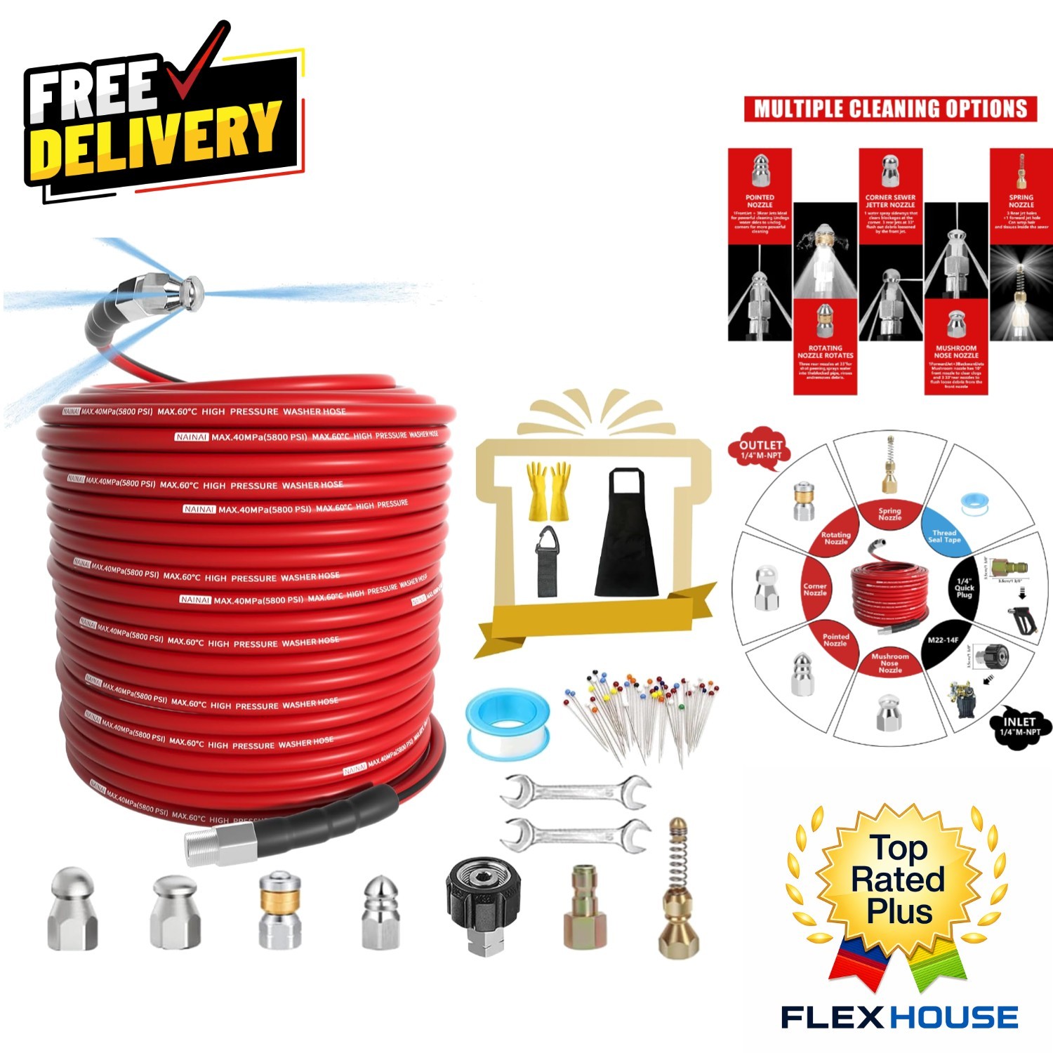 150FT High-Pressure Sewer Jetter Kit with Nozzles & Accessories – 5800 PSI